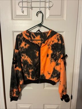 Symphony Orange & Black Tie-Dye Hooded Zip Bomber Jacket